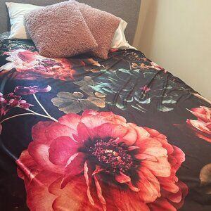 Black Brushed Velour Moody Floral Double Full Duvet Cover Colorful Dark Flowers